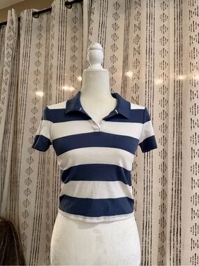 American Eagle Outfitters Navy and White Striped Polo Crop Top